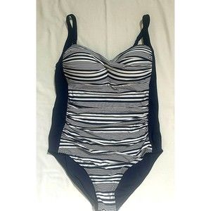 Nip Tuck Womens Navy Blue Striped Nautical One Piece Swimsuit Rouched Sz US 10